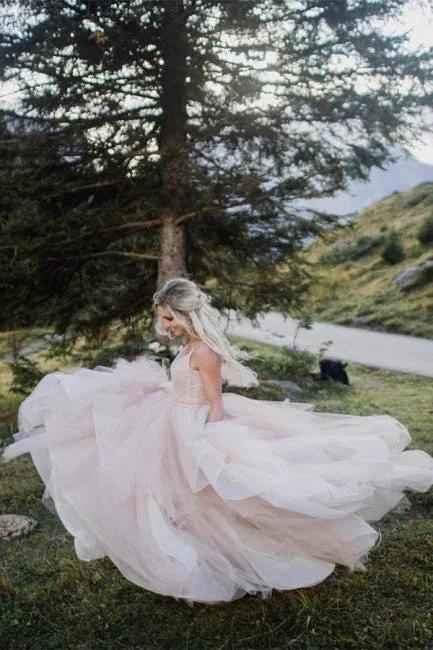 Beautiful A-line V-neck Backless Tulle Sleeveless Wedding Dresses - Image 7