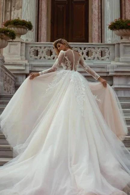 Beautiful A-Line V-neck Lace Long Sleeves Mermaid Wedding Dresses With Detachable Train - Image 2