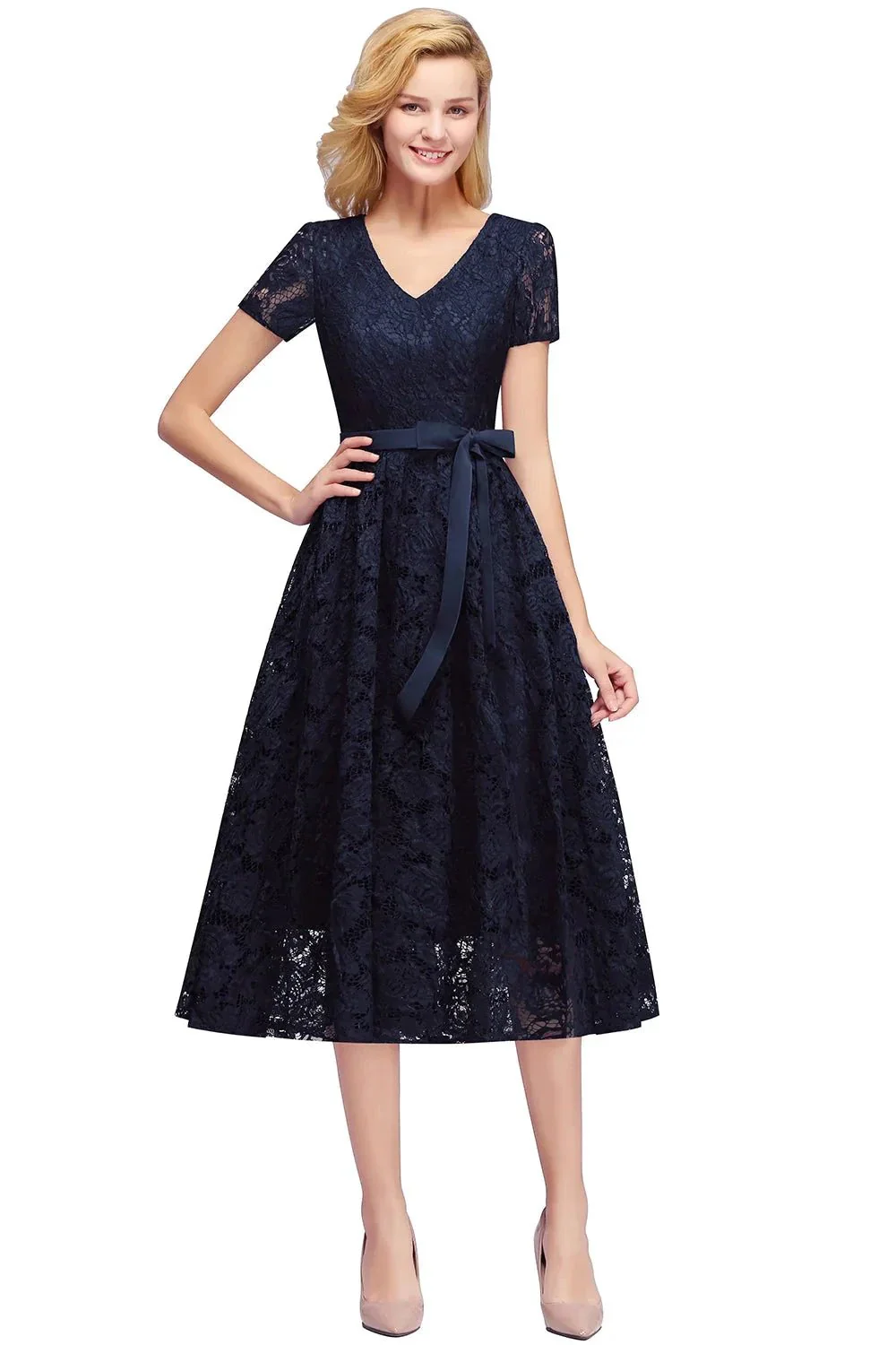 Beautiful A-Line V-Neck Short Sleeve Lace Short Bridesmaid Dresses - Image 3