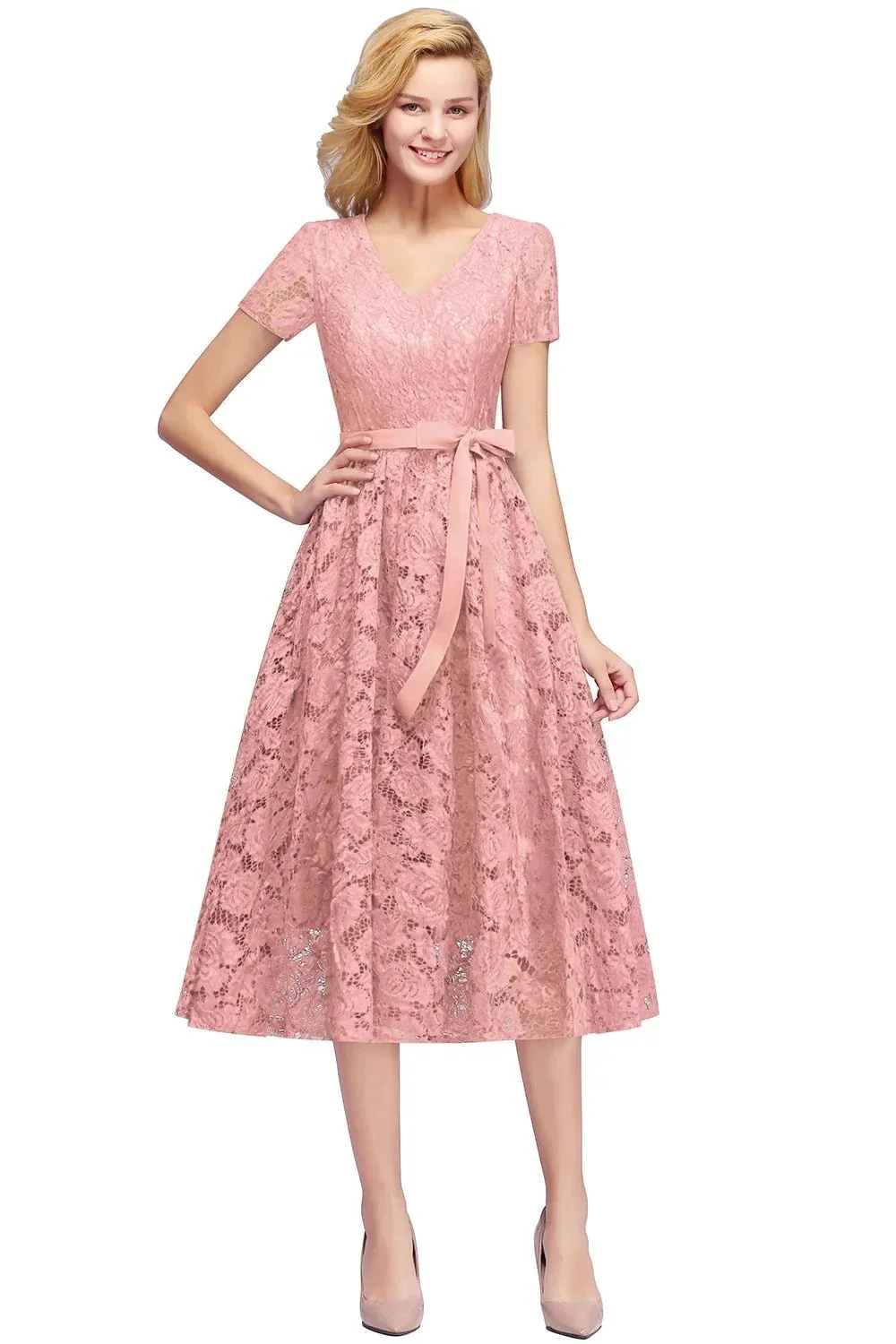 Beautiful A-Line V-Neck Short Sleeve Lace Short Bridesmaid Dresses - Image 4