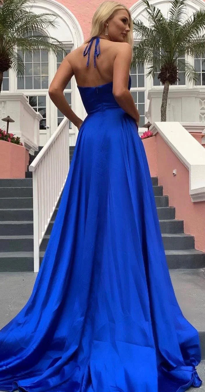 Beautiful A-line V-neck Stretch Satin Backless Long Prom Dress with Slit - Image 4