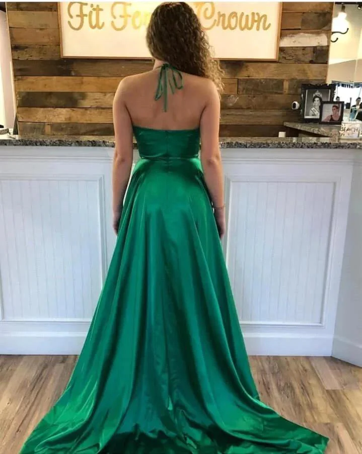 Beautiful A-line V-neck Stretch Satin Backless Long Prom Dress with Slit - Image 5