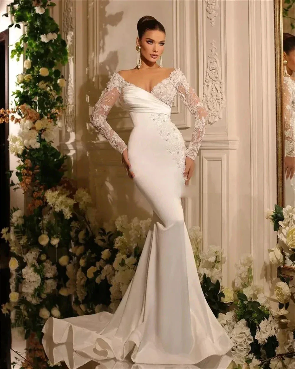 Beautiful  A Line Wedding Dresses Gorgeous Satin Deep V-neck Lace Appliques Slimming Beautiful Mopping Beach Bridal Gown 2023 - Image 2