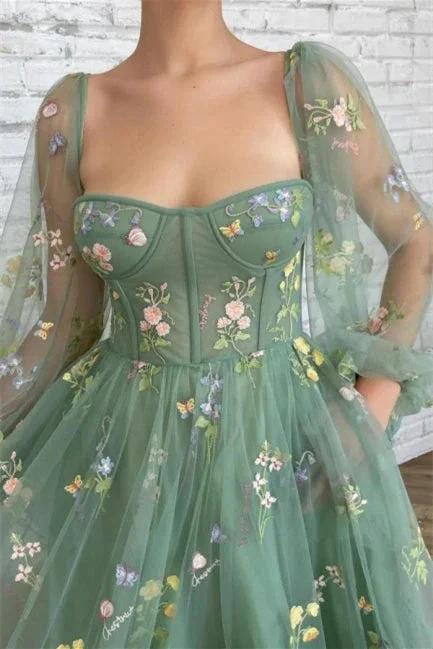 Beautiful Ankle Length A-line Long Sleeves Floral Prom Dress - Image 3