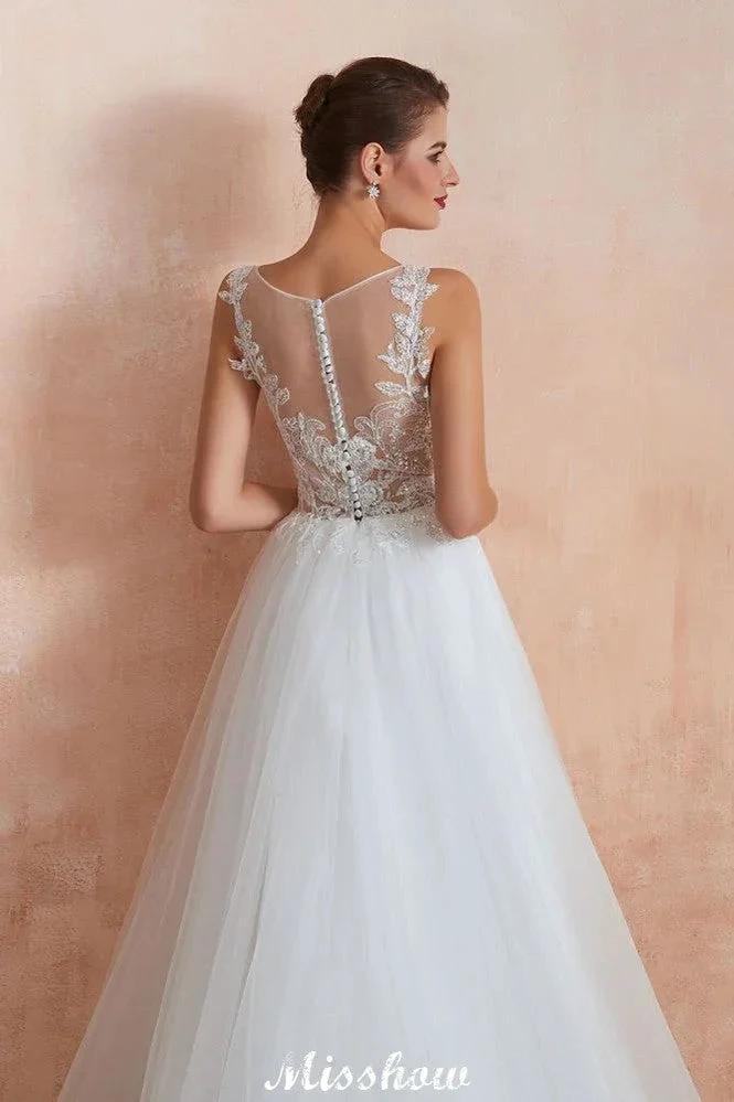 Beautiful Bateau Neck White Wedding Dress Sparkly Sequins Lace Bridal Gown - Image 10
