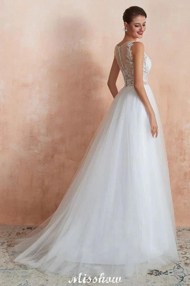 Beautiful Bateau Neck White Wedding Dress Sparkly Sequins Lace Bridal Gown - Image 2