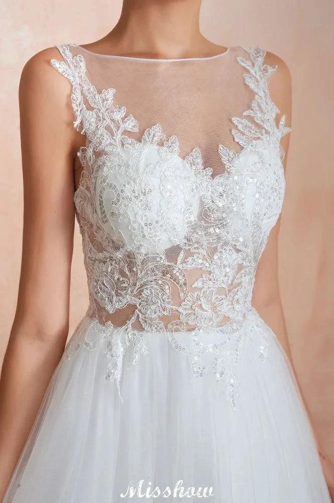 Beautiful Bateau Neck White Wedding Dress Sparkly Sequins Lace Bridal Gown - Image 3