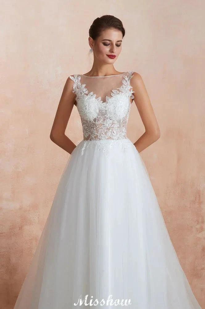 Beautiful Bateau Neck White Wedding Dress Sparkly Sequins Lace Bridal Gown - Image 4
