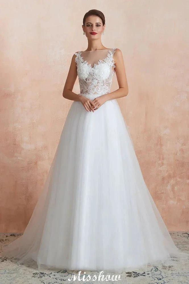 Beautiful Bateau Neck White Wedding Dress Sparkly Sequins Lace Bridal Gown - Image 5