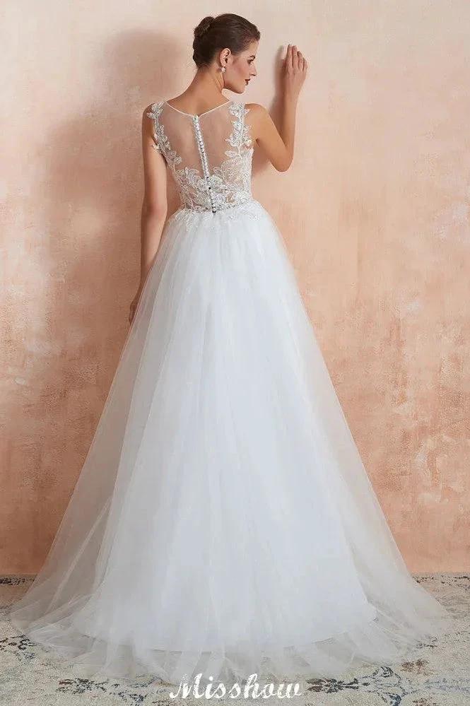 Beautiful Bateau Neck White Wedding Dress Sparkly Sequins Lace Bridal Gown - Image 7