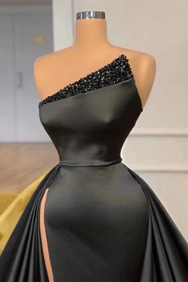 Beautiful Black A-line Satin Sleeveless Sequined Prom Dress With Slit - Image 2