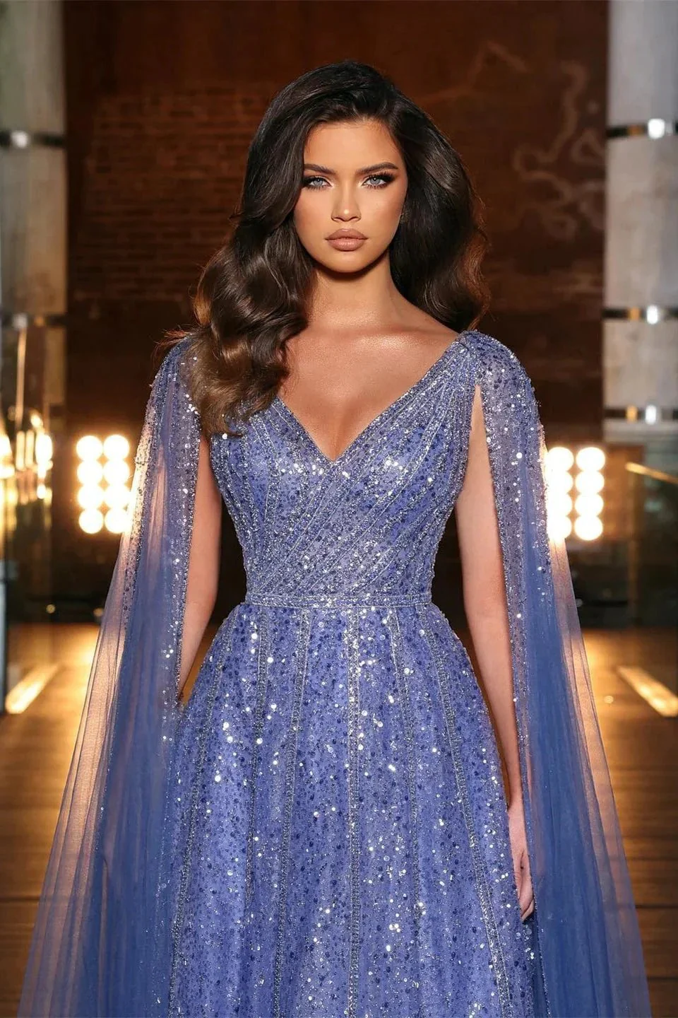 Beautiful Blue Long A-line V-neck Beading Evening Dress With Ruffles - Image 2