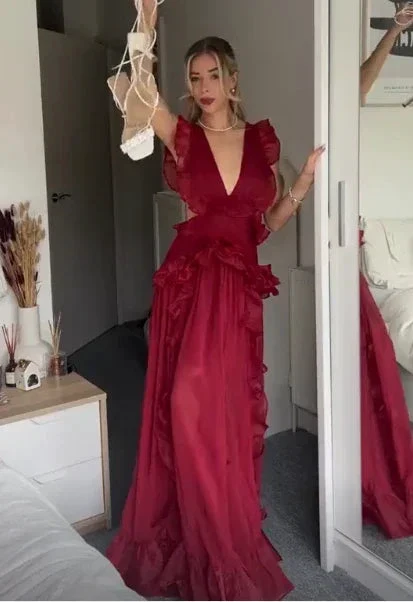 Beautiful Burgundy Chiffon Ruffles Evening Dress Slit Prom Dress Y7715 - Image 2