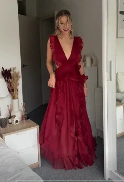 Beautiful Burgundy Chiffon Ruffles Evening Dress Slit Prom Dress Y7715 - Image 3