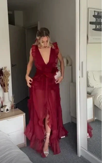 Beautiful Burgundy Chiffon Ruffles Evening Dress Slit Prom Dress Y7715 - Image 5
