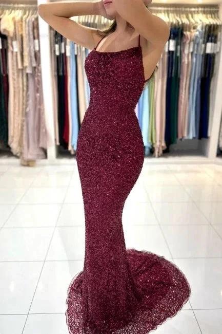 Beautiful Burgundy Long Sequined Mermaid Evening Dresses - Image 4