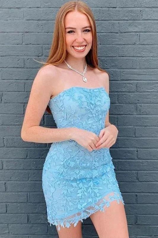 Beautiful Column Lace Strapless Sleeveless Short Prom Dresses - Image 2