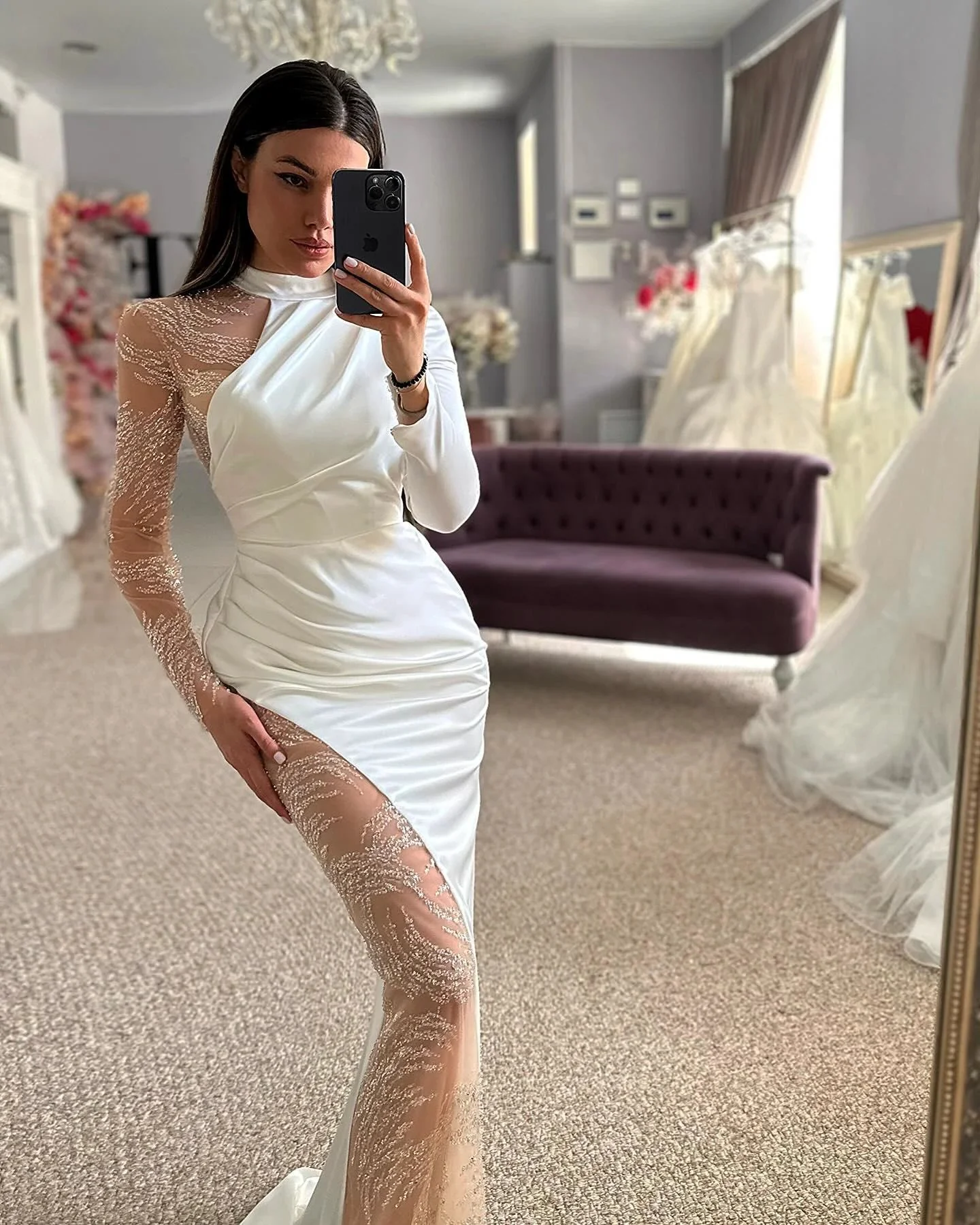 Beautiful Column Satin Lace Halter Long Sleeve Wedding Dress With Appliques - Image 2