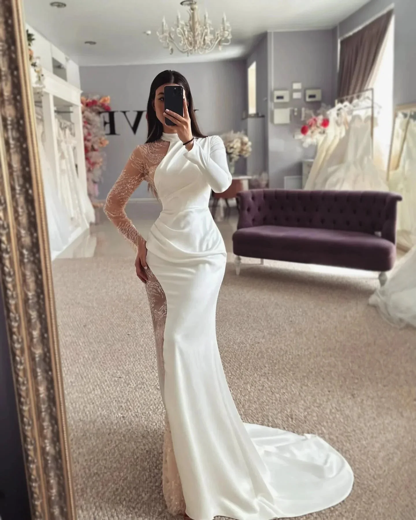 Beautiful Column Satin Lace Halter Long Sleeve Wedding Dress With Appliques - Image 3
