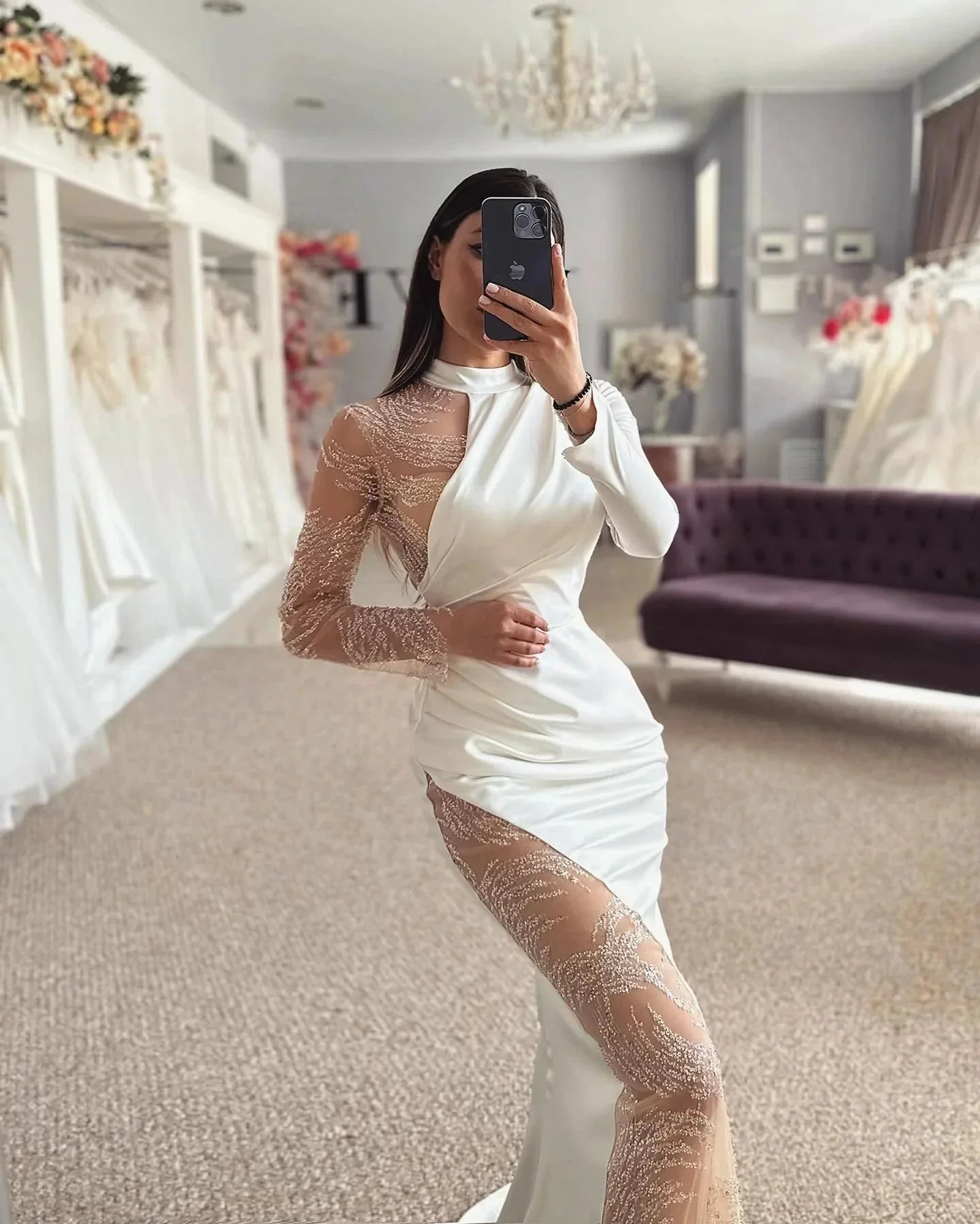 Beautiful Column Satin Lace Halter Long Sleeve Wedding Dress With Appliques - Image 4