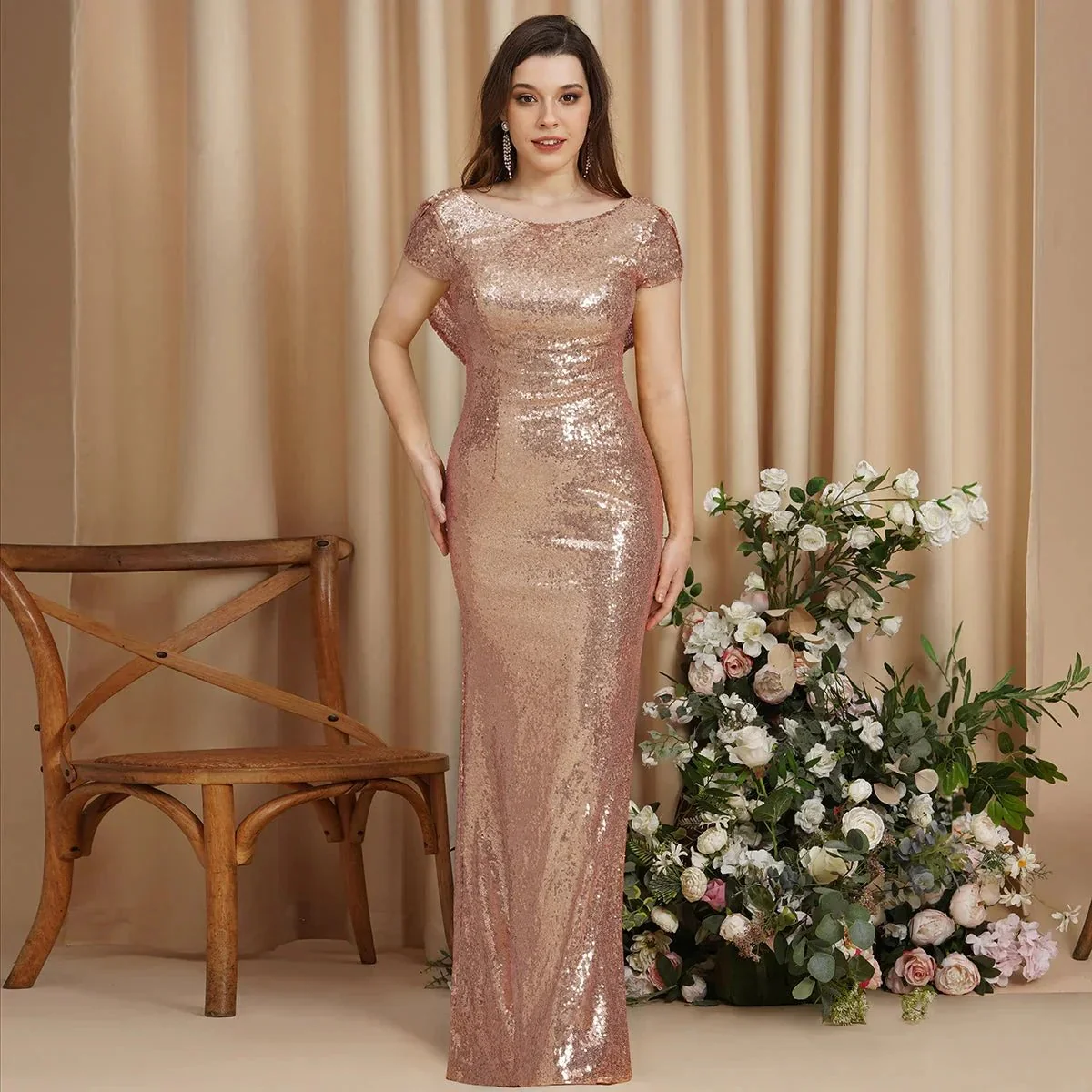 Beautiful Column Scoop Short Sleeve Sequined Prom Dresses - Image 3