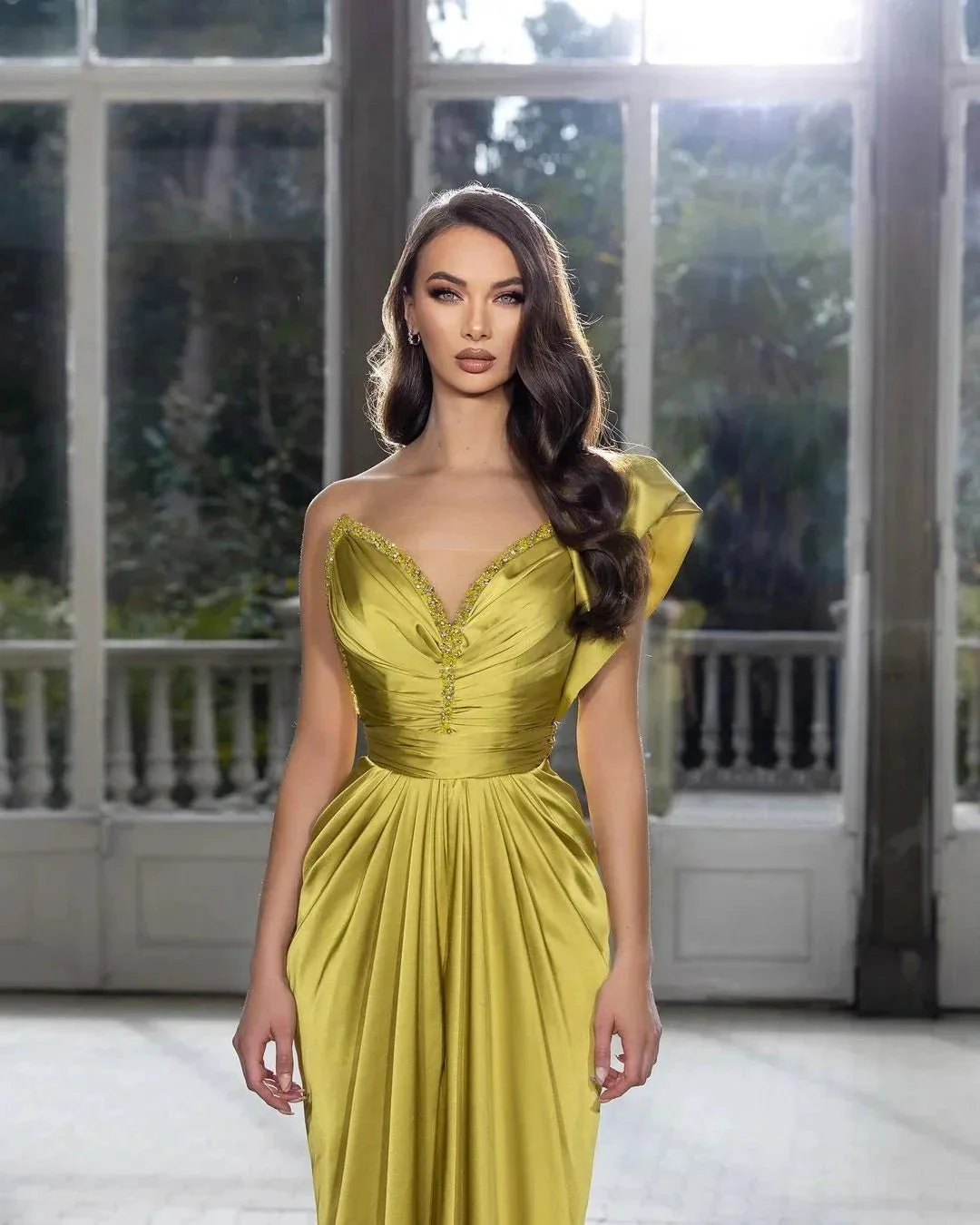 Beautiful Floor Length One Shoulder Beading Pleated Sleeveless Prom Dress - Image 2