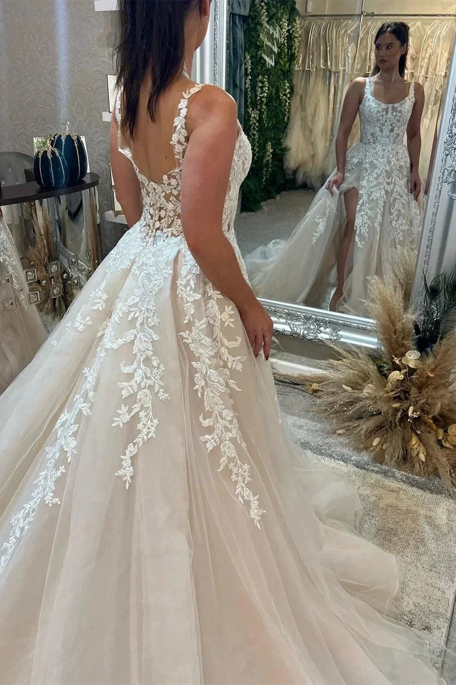 Beautiful Floor Length Sleeveless Straps A-Line Lace Wedding Dress with Split - Image 2