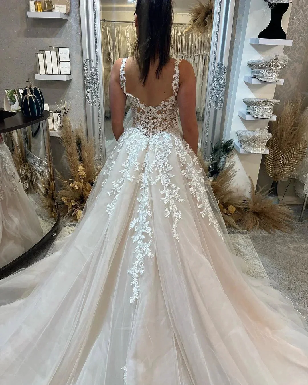 Beautiful Floor Length Sleeveless Straps A-Line Lace Wedding Dress with Split - Image 3
