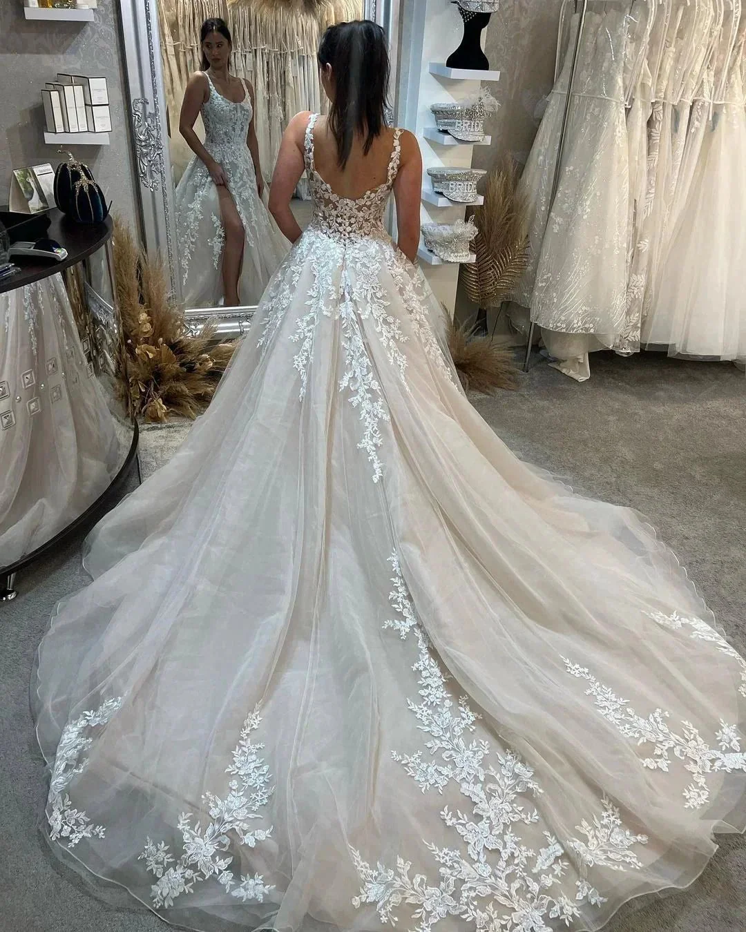 Beautiful Floor Length Sleeveless Straps A-Line Lace Wedding Dress with Split - Image 4