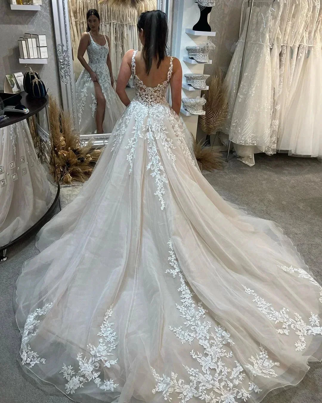 Beautiful Floor Length Sleeveless Straps A-Line Lace Wedding Dress with Split - Image 5