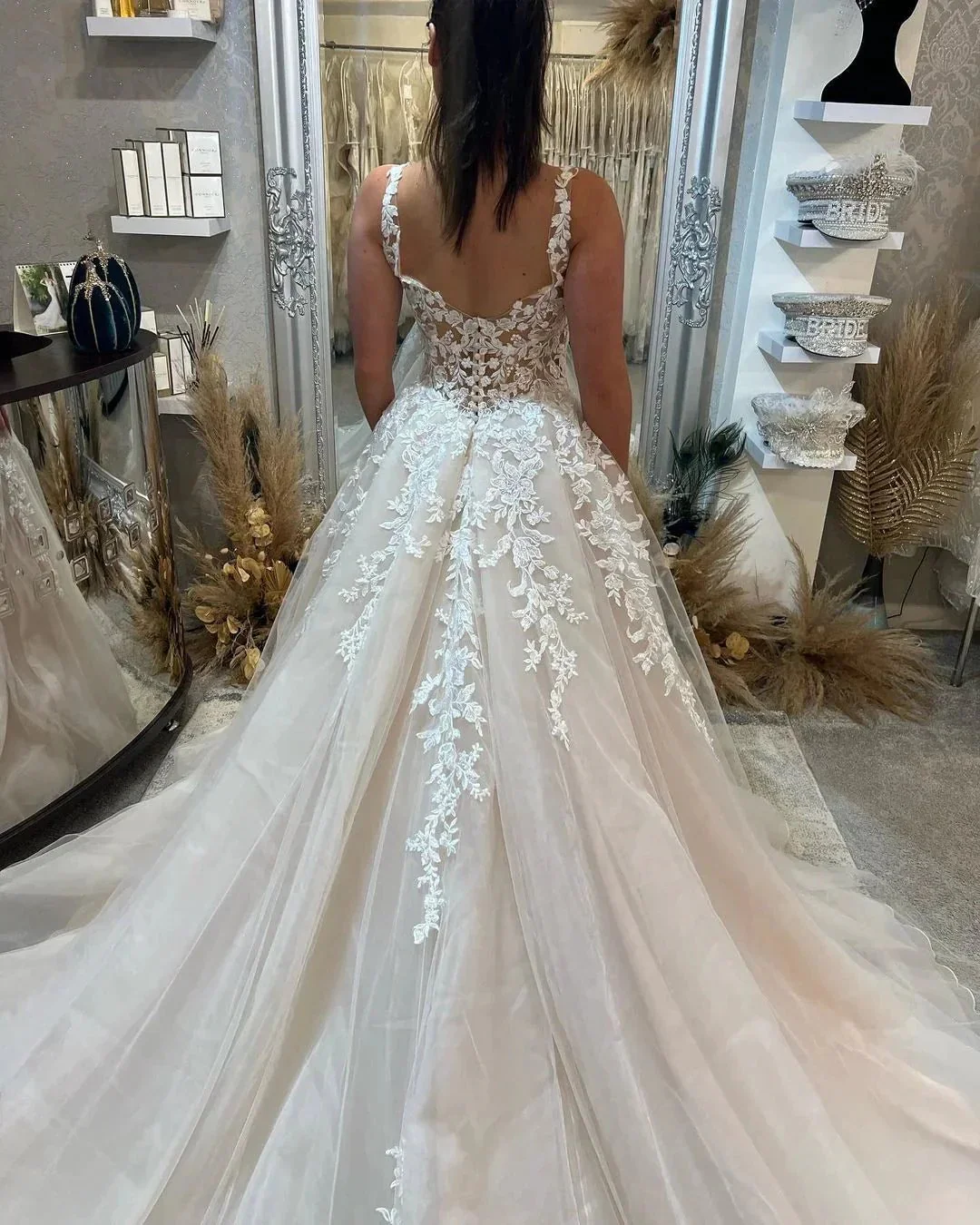 Beautiful Floor Length Sleeveless Straps A-Line Lace Wedding Dress with Split - Image 6