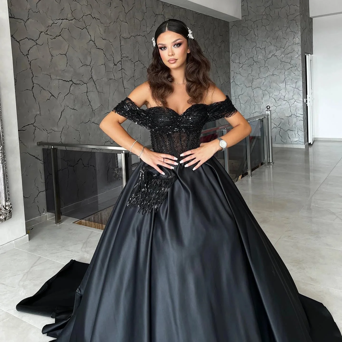 Beautiful Floor Length Sweetheart Off-The-Shoulder A-Line Satin Black Prom Dress with Beads - Image 4