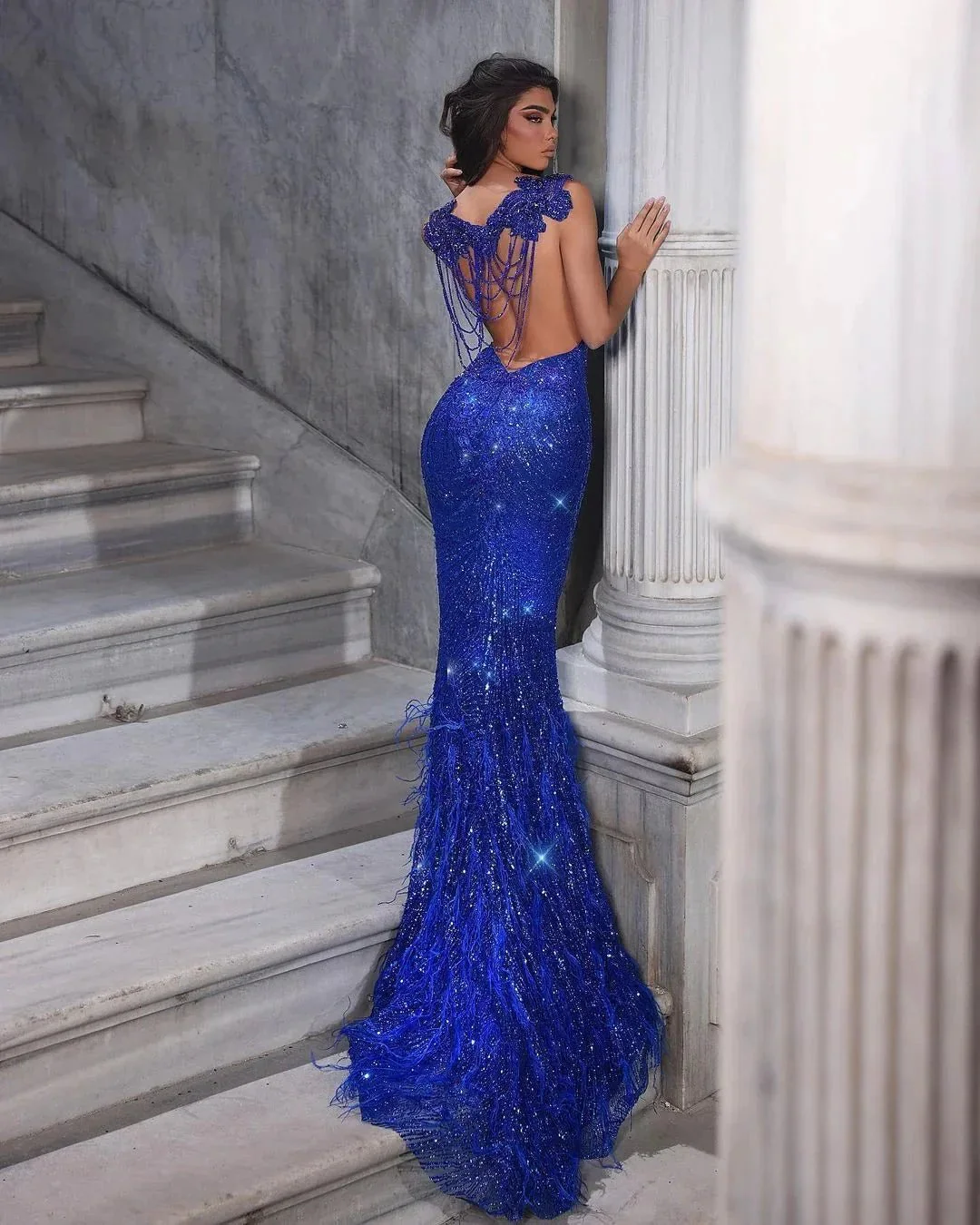 Beautiful Floor Length Sweetheart Sleeveless Spaghetti Straps Mermaid Sequined Prom Dress with Fur - Image 3