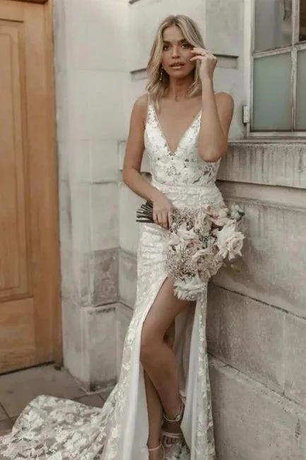 Beautiful Floral Lace Mermaid Sleeveless V-Neck Side Slit Wedding Dress - Image 2