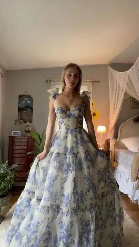 Beautiful Floral Print Chiffon Long Prom Dresses Evening Dress Y96 - Image 2