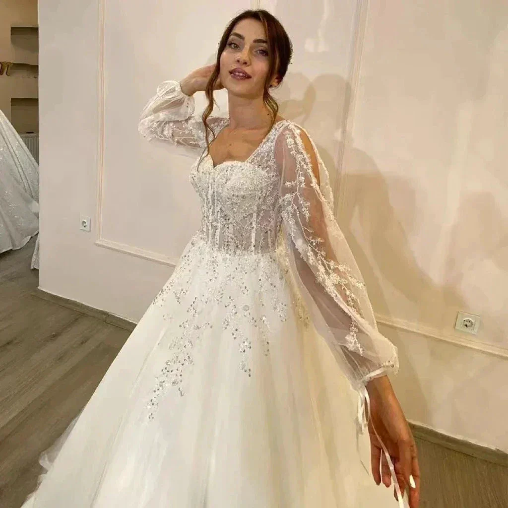 Beautiful Fluffy Long Sleeves Lace Appliques Square Neck Mopping Wedding Dresses White Fascinating Elegant Wedding Dresses Women - Image 2