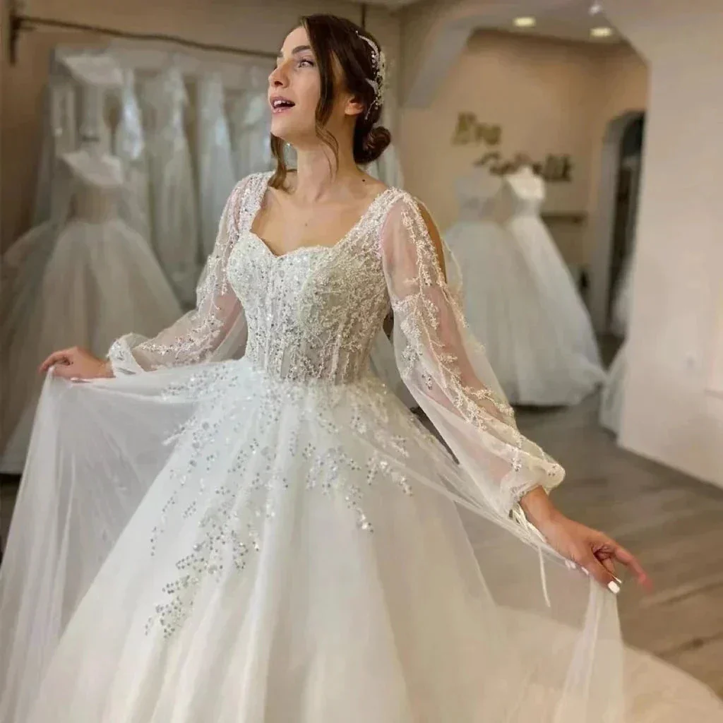 Beautiful Fluffy Long Sleeves Lace Appliques Square Neck Mopping Wedding Dresses White Fascinating Elegant Wedding Dresses Women - Image 3