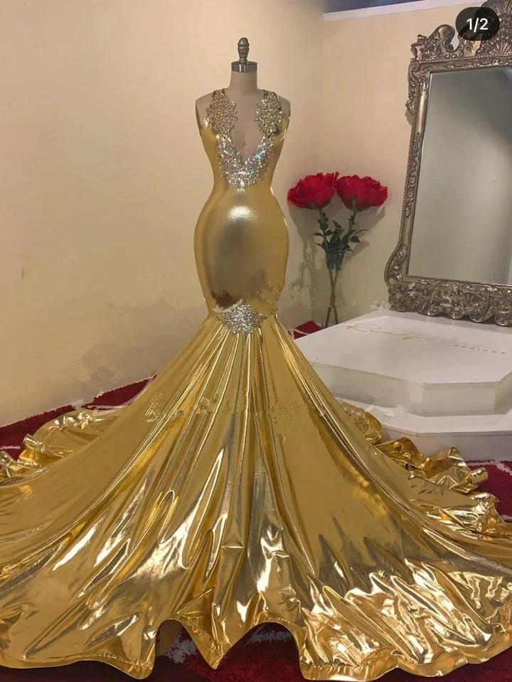 Beautiful Gold Beading V-neck Sleeveless Floor-length Mermaid Prom Dresses - Image 2