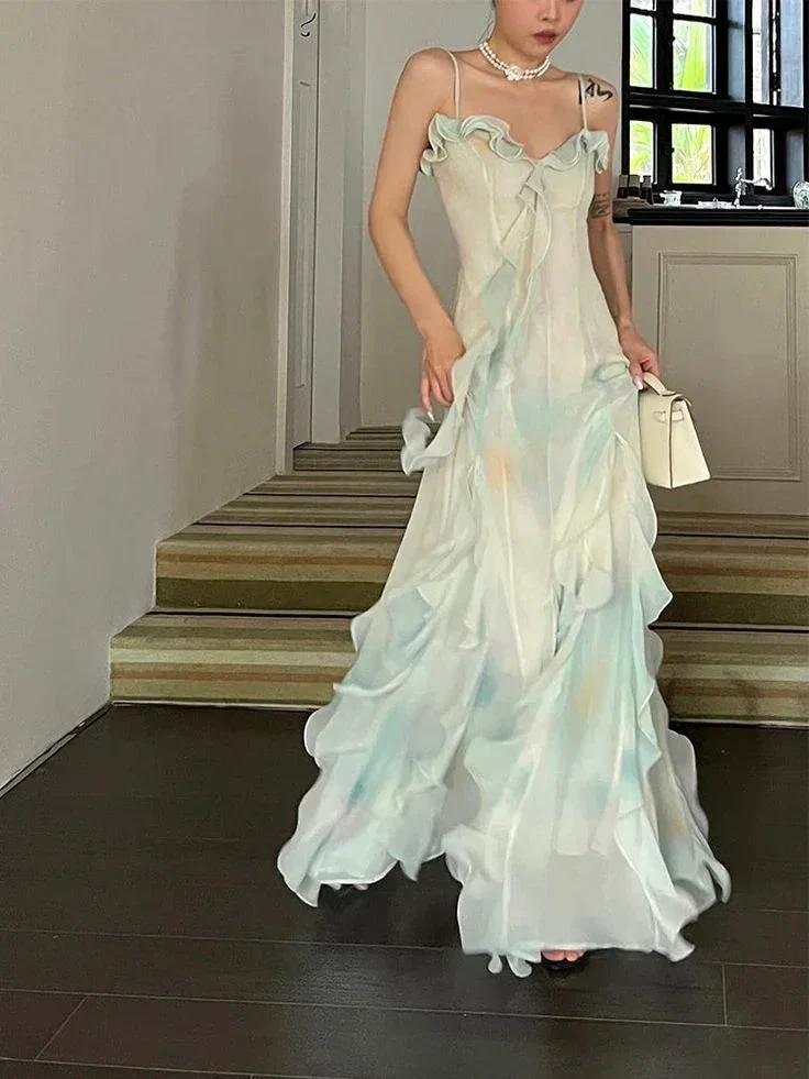 Beautiful Green Chiffon Layered Ruffle Prom Dress Straps Evening Gown Y7897 - Image 5