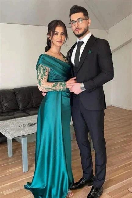 Beautiful Green Long Beading Long Sleeves Prom Dress With Slit - Image 2