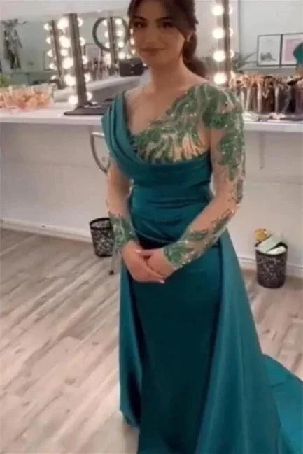 Beautiful Green Long Beading Long Sleeves Prom Dress With Slit - Image 3