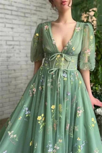 Beautiful Green V-neck A-line Appliques Prom Dress - Image 2