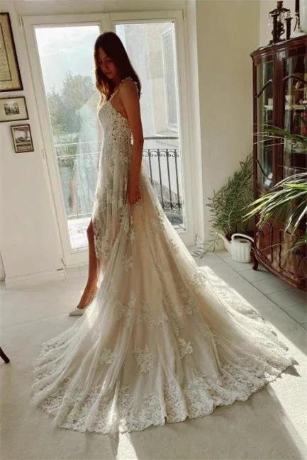 Beautiful Ivory A-Line Lace Wedding Dresses With Slit - Image 2