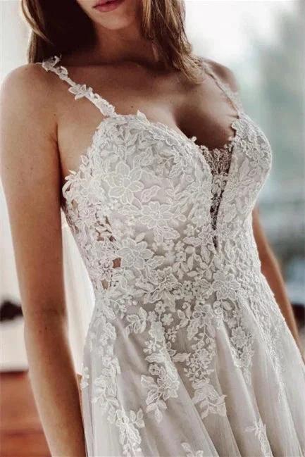 Beautiful Ivory A-Line Lace Wedding Dresses With Slit - Image 3