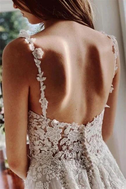 Beautiful Ivory A-Line Lace Wedding Dresses With Slit - Image 4