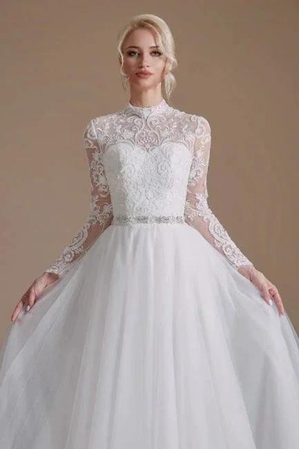 Beautiful Jewel Long-Sleeve A-Line Floor-Length Wedding Dresses with Pattern - Image 2
