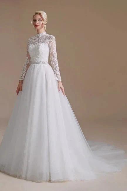 Beautiful Jewel Long-Sleeve A-Line Floor-Length Wedding Dresses with Pattern - Image 6