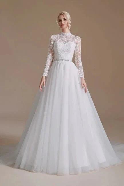 Beautiful Jewel Long-Sleeve A-Line Floor-Length Wedding Dresses with Pattern - Image 7