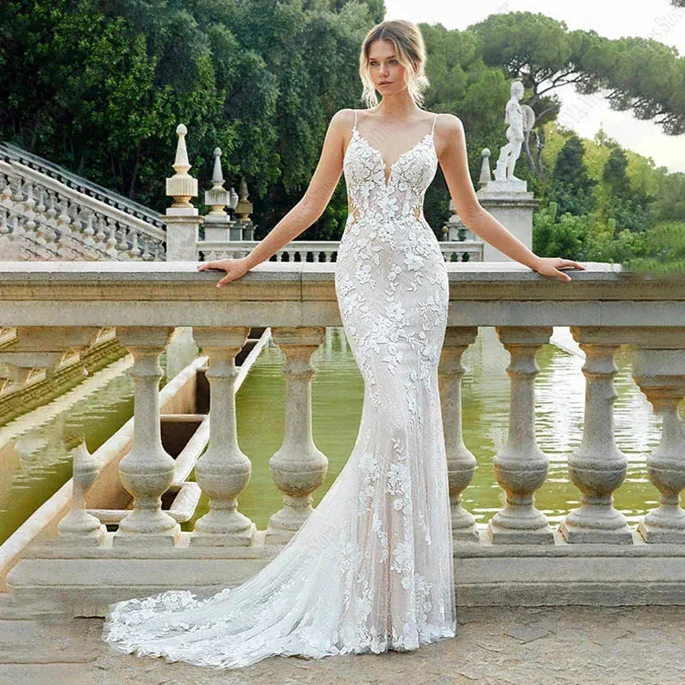 Beautiful Lace Sexy Off Shoulder Elegant Mermaid Sleeveless Deep V-neck Mop Wedding Dresses Strapless Bohemia Bridal Gowns - Image 2