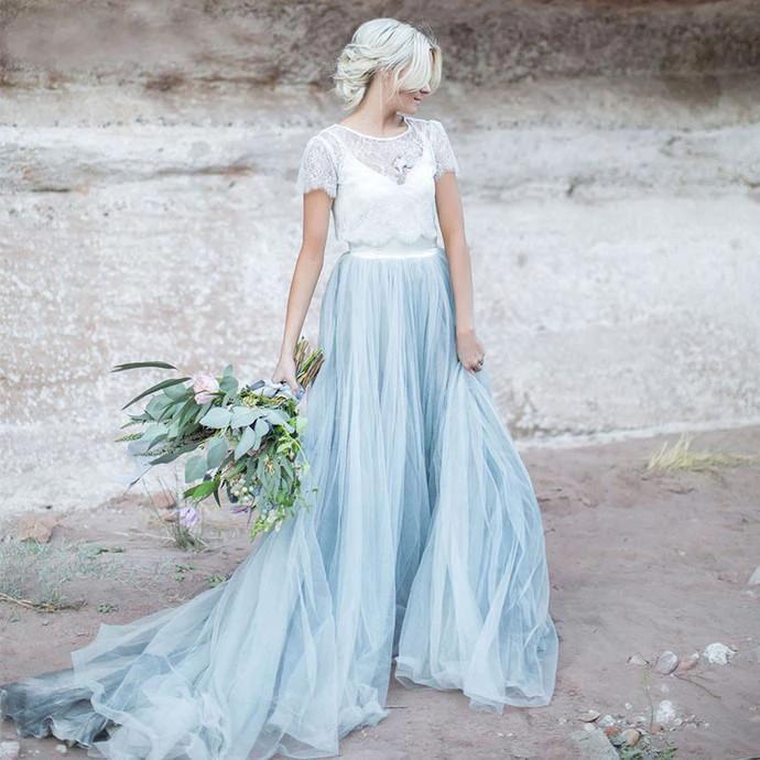 Beautiful lace Top Short Sleeves Prom Dress A Line Wedding Dresses WD409 - Image 3